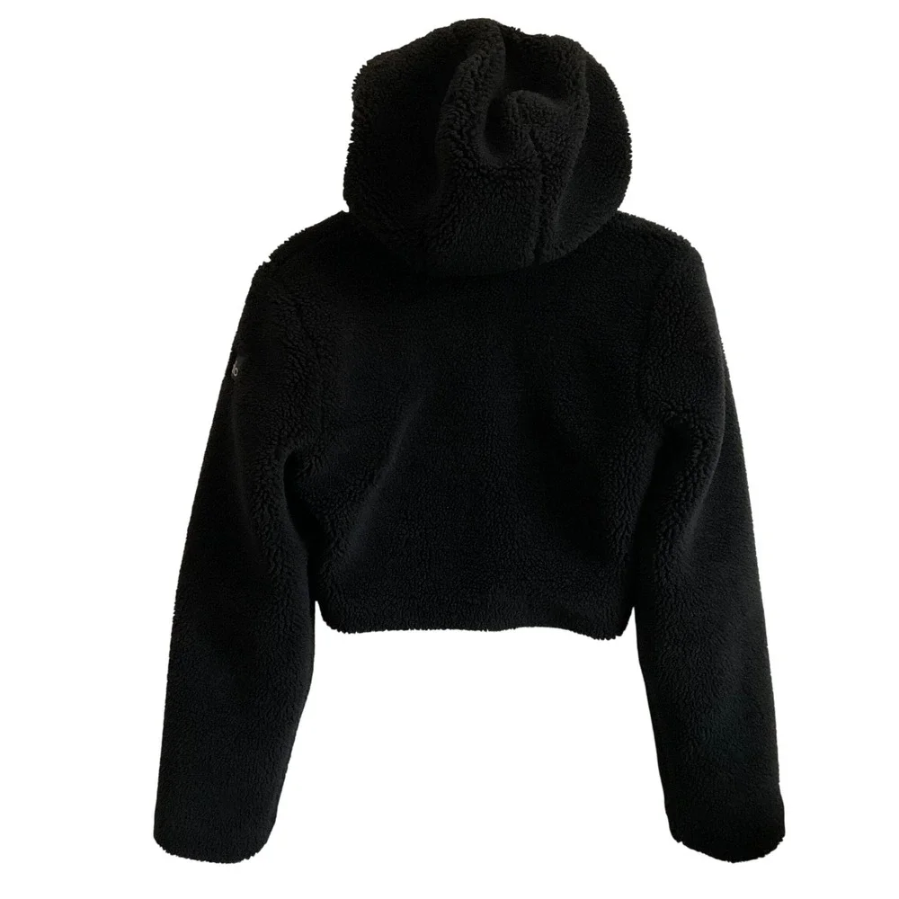 ALO Yoga Black LA Cropped Full Zip Sherpa Fleece Hooded Jacket - Size XS